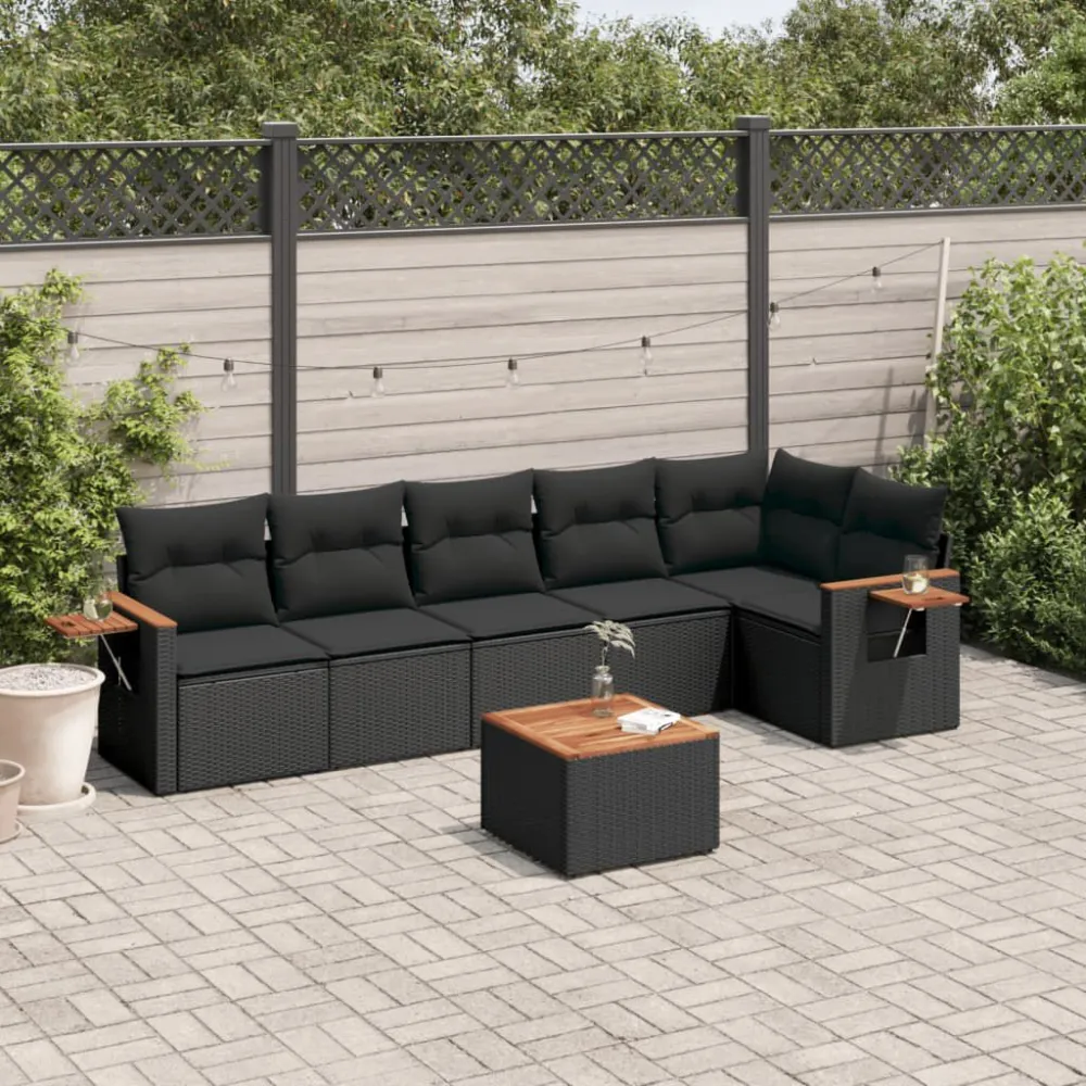 Design Ergonômico e Confortável 7 pcs conjunto de sofás para jardim com almofadões vime PE preto