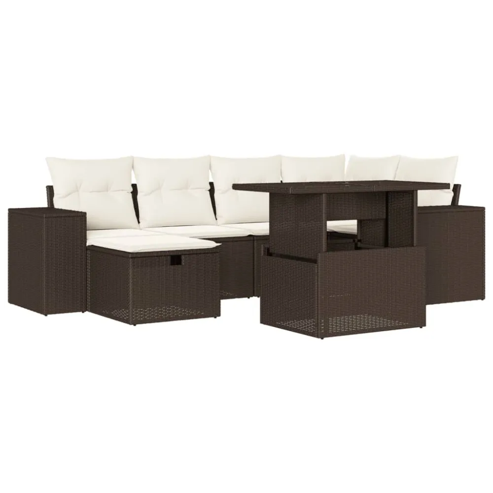 Design Ergonômico e Confortável 7 pcs conjunto de sofás jardim com almofadões vime PE castanho
