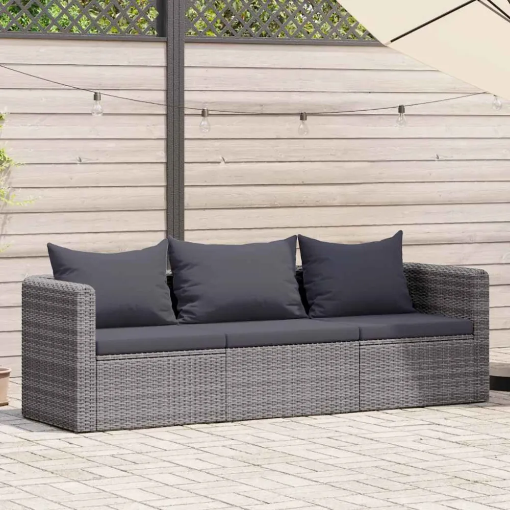 Design Ergonômico e Confortável 3 pcs conjunto sofás de jardim com almofadões vime PE cinzento