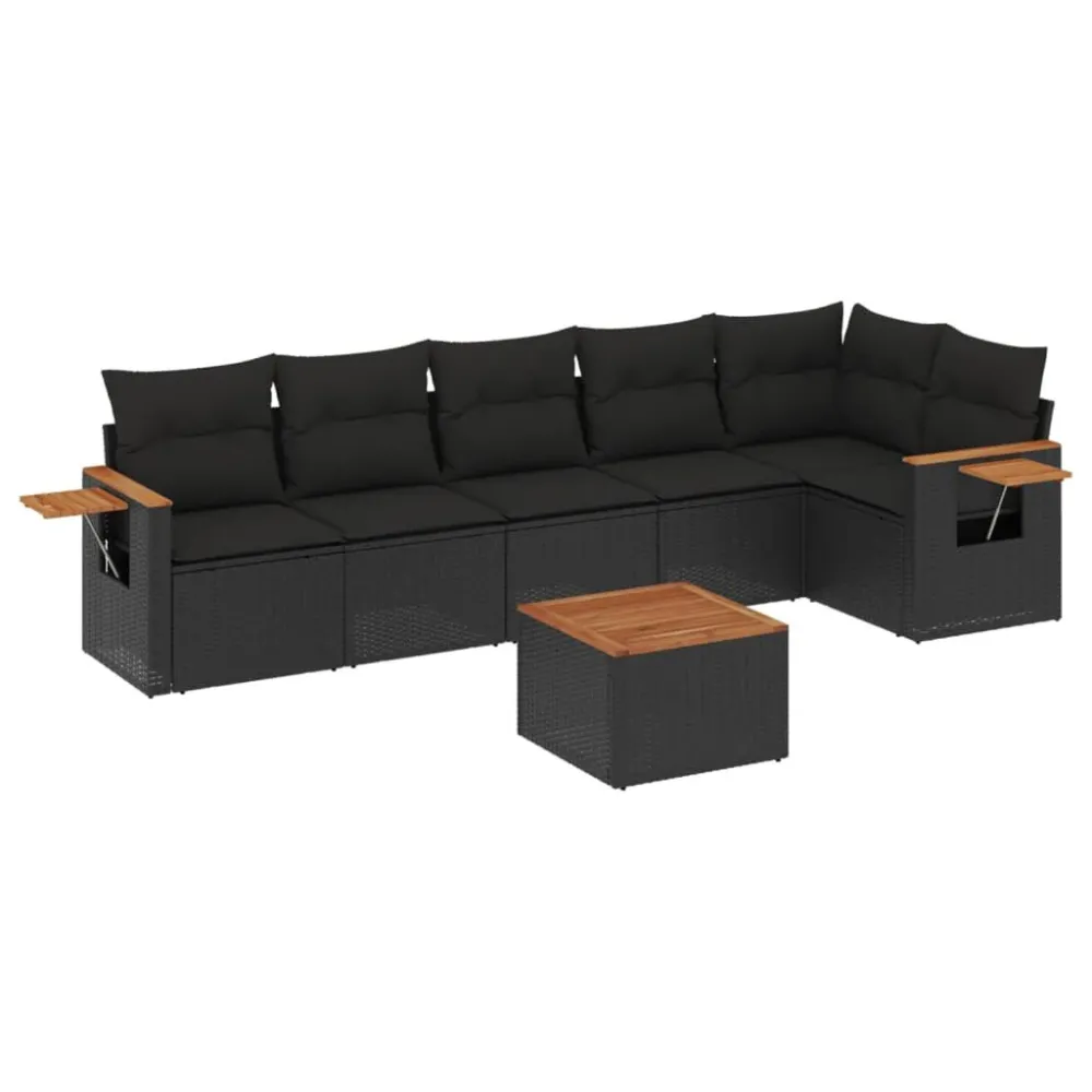 Design Ergonômico e Confortável 7 pcs conjunto de sofás para jardim com almofadões vime PE preto
