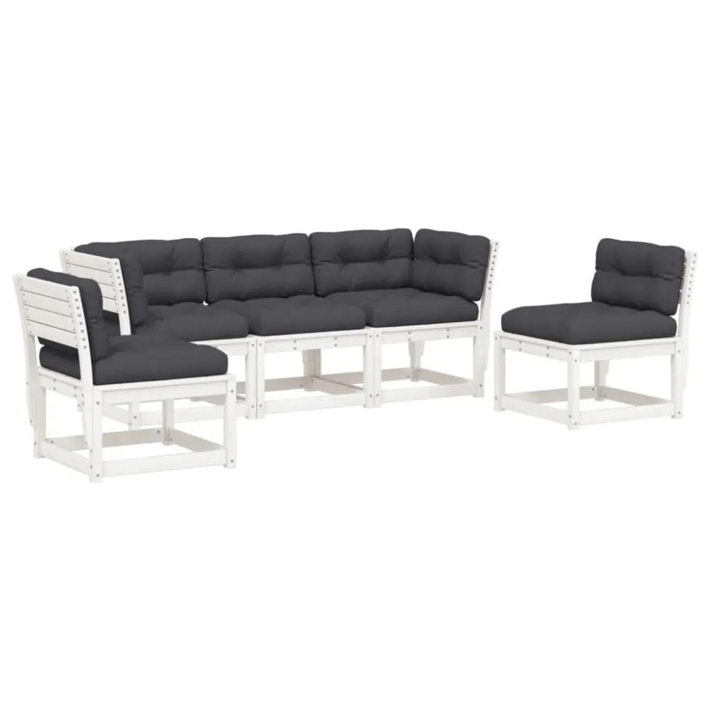 Espreguiçadeira de Exterior 5 pcs conj. sofás de jardim com almofadões pinho maciço branco
