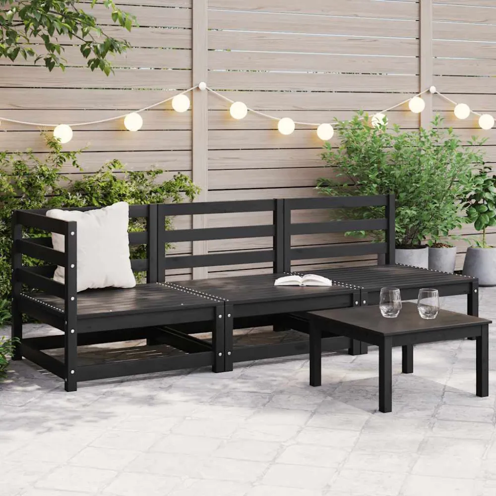 Espreguiçadeira de Exterior 3 pcs conjunto lounge de jardim pinho maciço preto