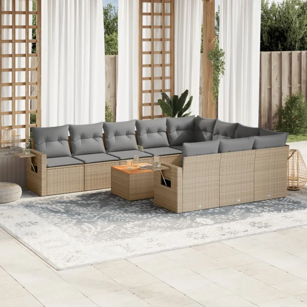 Espreguiçadeira de Exterior 11 pcs conjunto sofás de jardim com almofadões vime PE bege