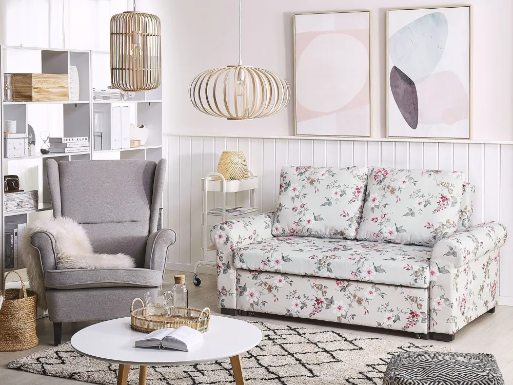 Fabric Sofa Bed Floral Pattern Light Grey SILDA com Almofada Inclusa