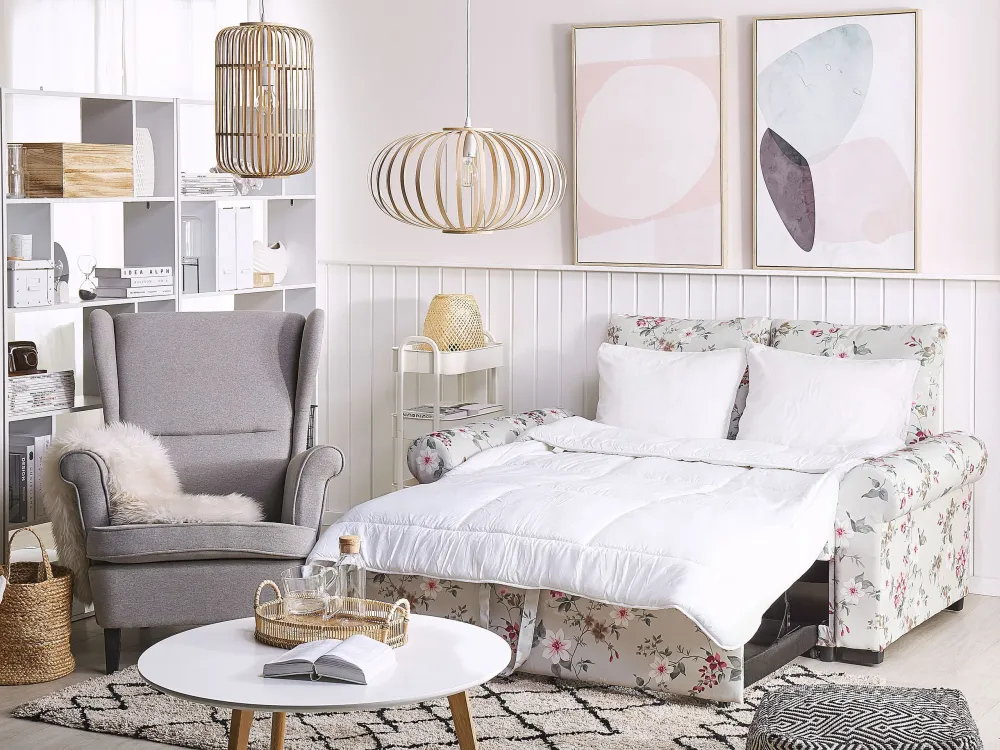 Fabric Sofa Bed Floral Pattern Light Grey SILDA com Almofada Inclusa