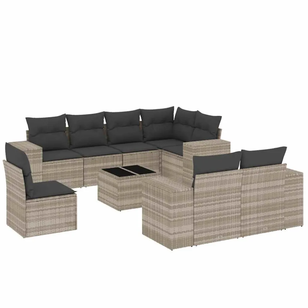 9 pcs conj. sofás jardim com almofadões vime PE cinzento-claro com Encosto Ajustável