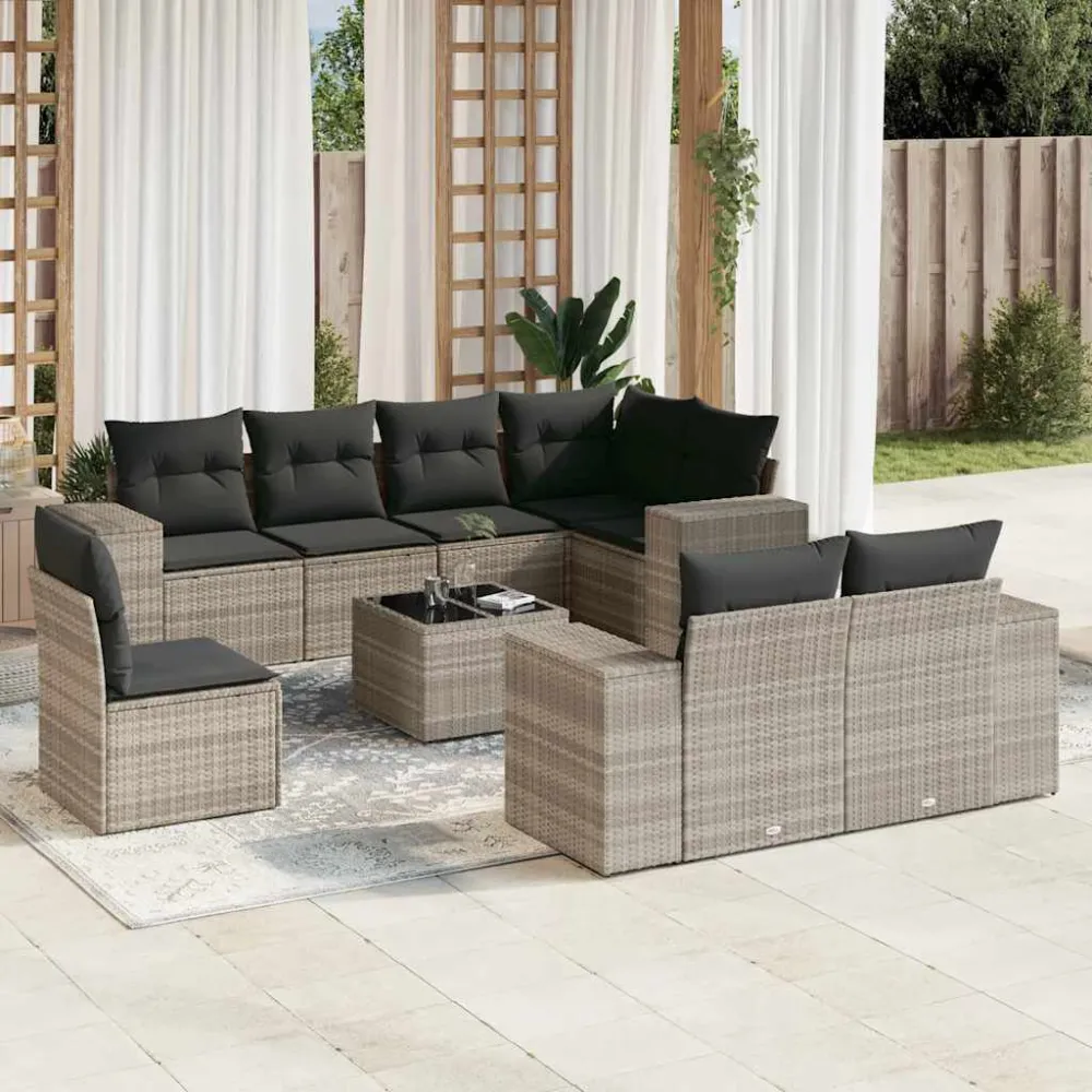 9 pcs conj. sofás jardim com almofadões vime PE cinzento-claro com Encosto Ajustável