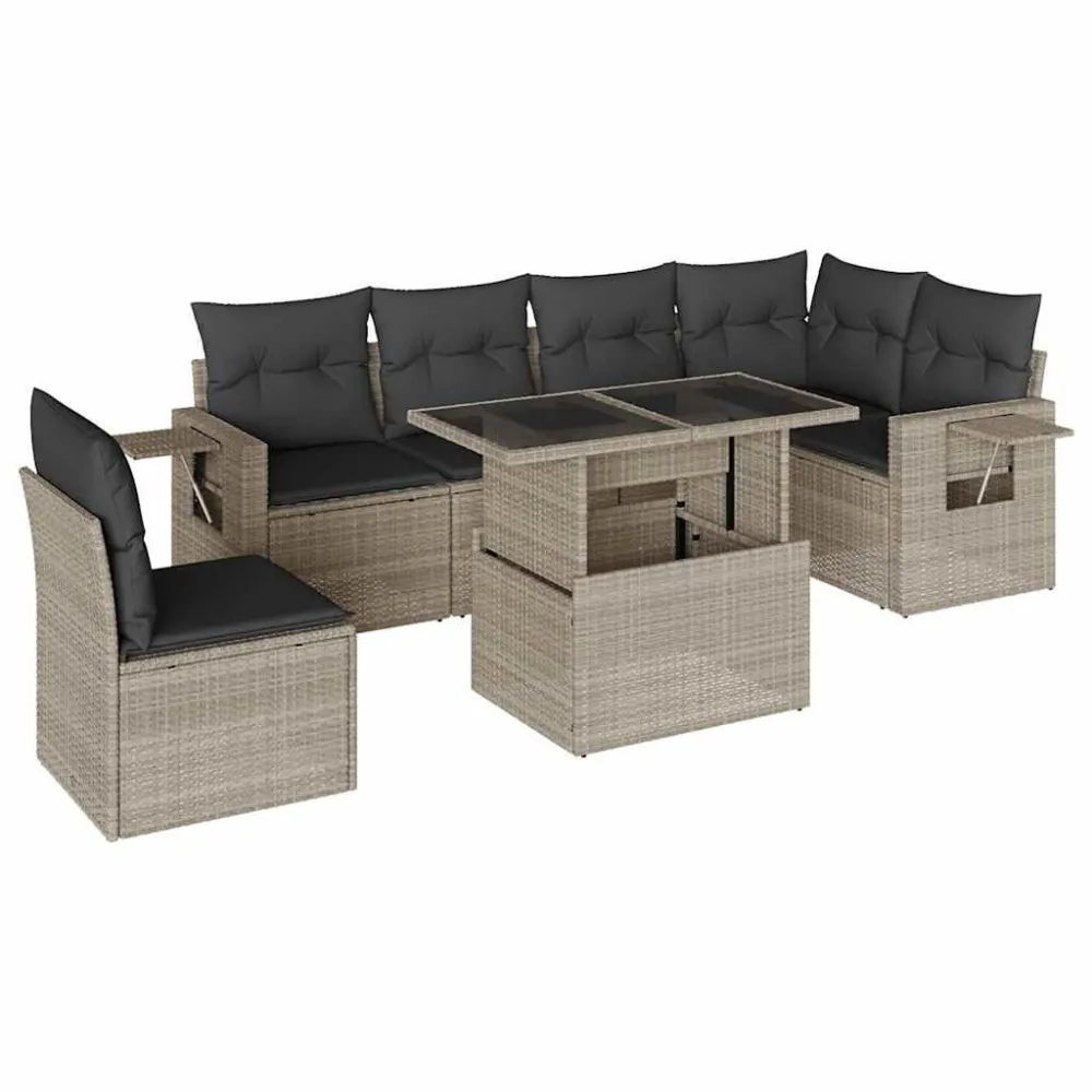 7 pcs conj. sofás jardim com almofadões vime PE cinzento-claro com Revestimento em Textilene
