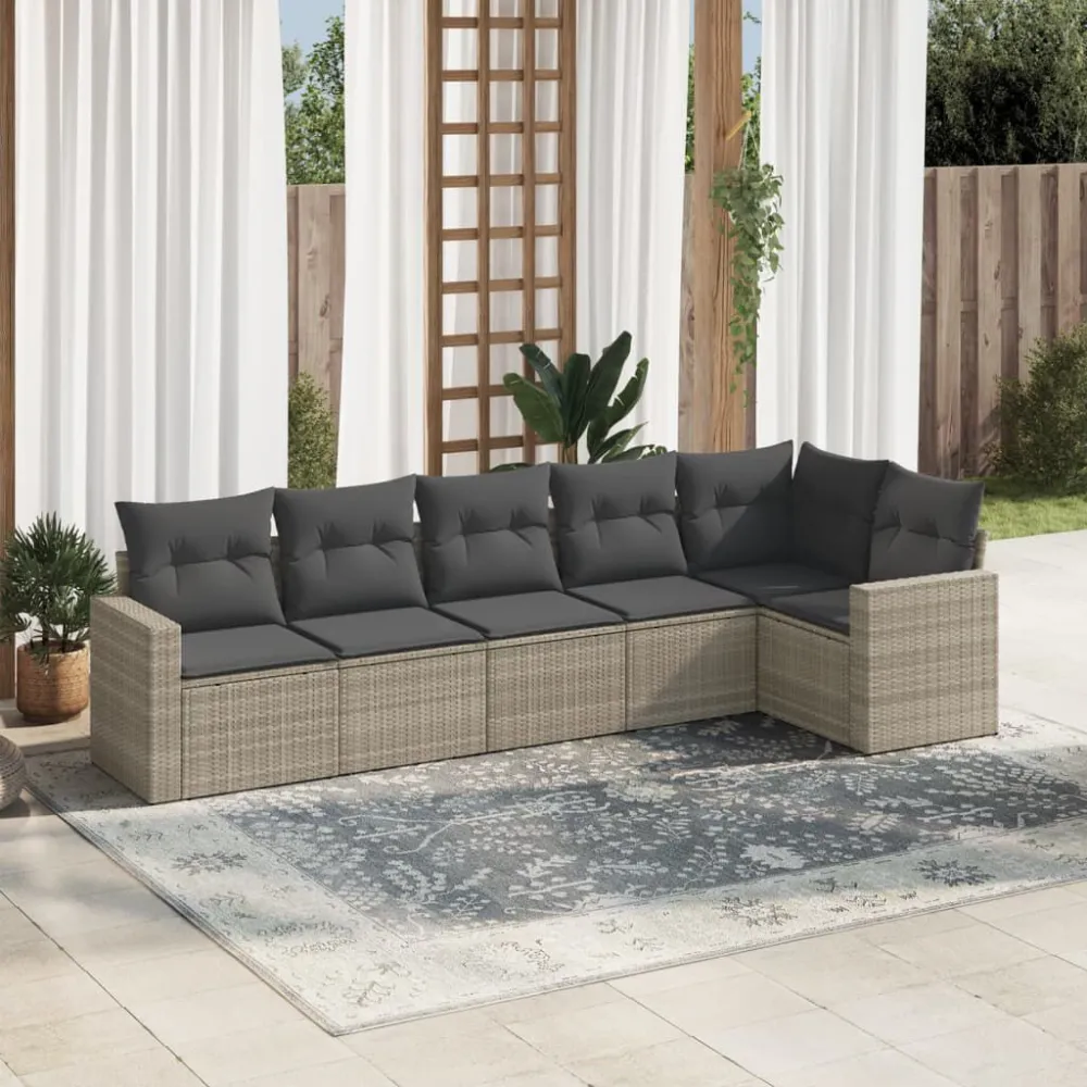 6 pcs conj. sofás jardim com almofadões vime PE cinzento-claro em Ferro Forjado