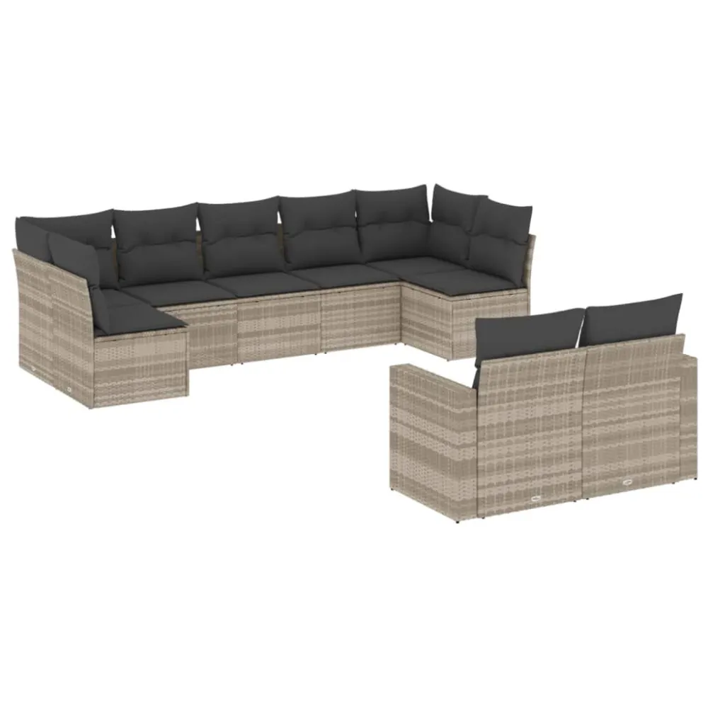 9 pcs conj. sofás jardim com almofadões vime PE cinzento-claro para Relaxamento ao Ar Livre