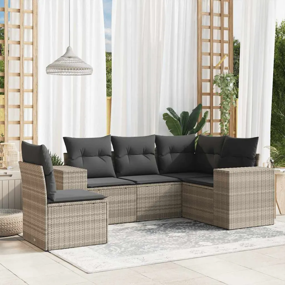 5 pcs conj. sofás jardim com almofadões vime PE cinzento-claro Fácil de Guardar