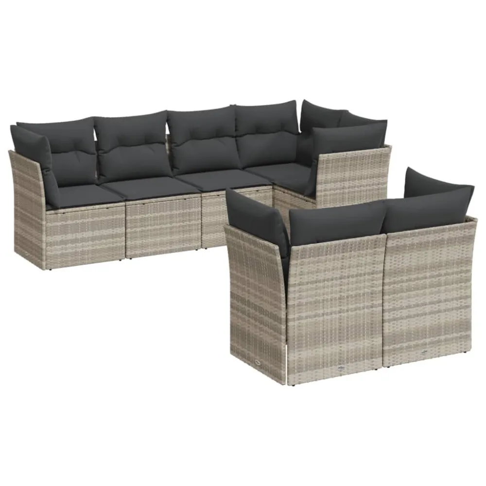 7 pcs conj. sofás jardim com almofadões vime PE cinzento-claro | Montagem Fácil e Rápida