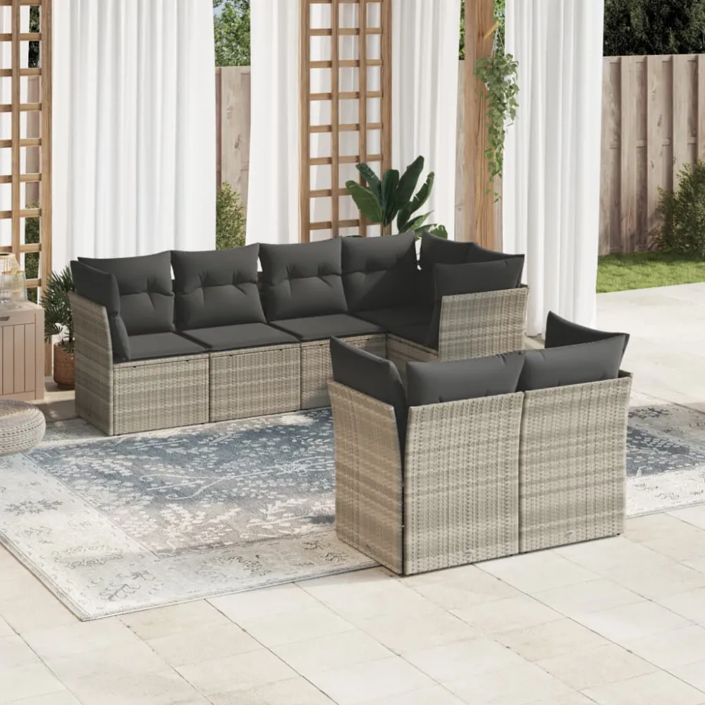 7 pcs conj. sofás jardim com almofadões vime PE cinzento-claro | Montagem Fácil e Rápida