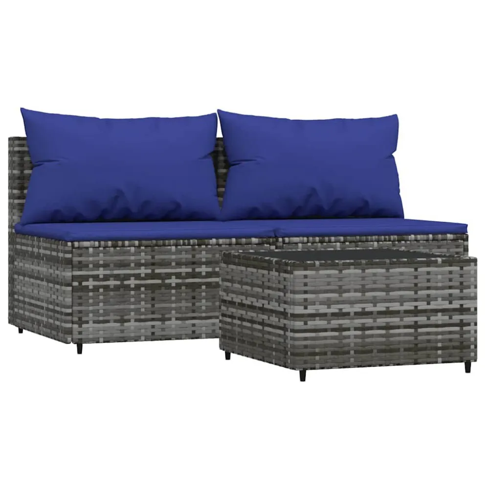 3 pcs conjunto lounge de jardim com almofadões vime PE cinzento Fácil de Guardar