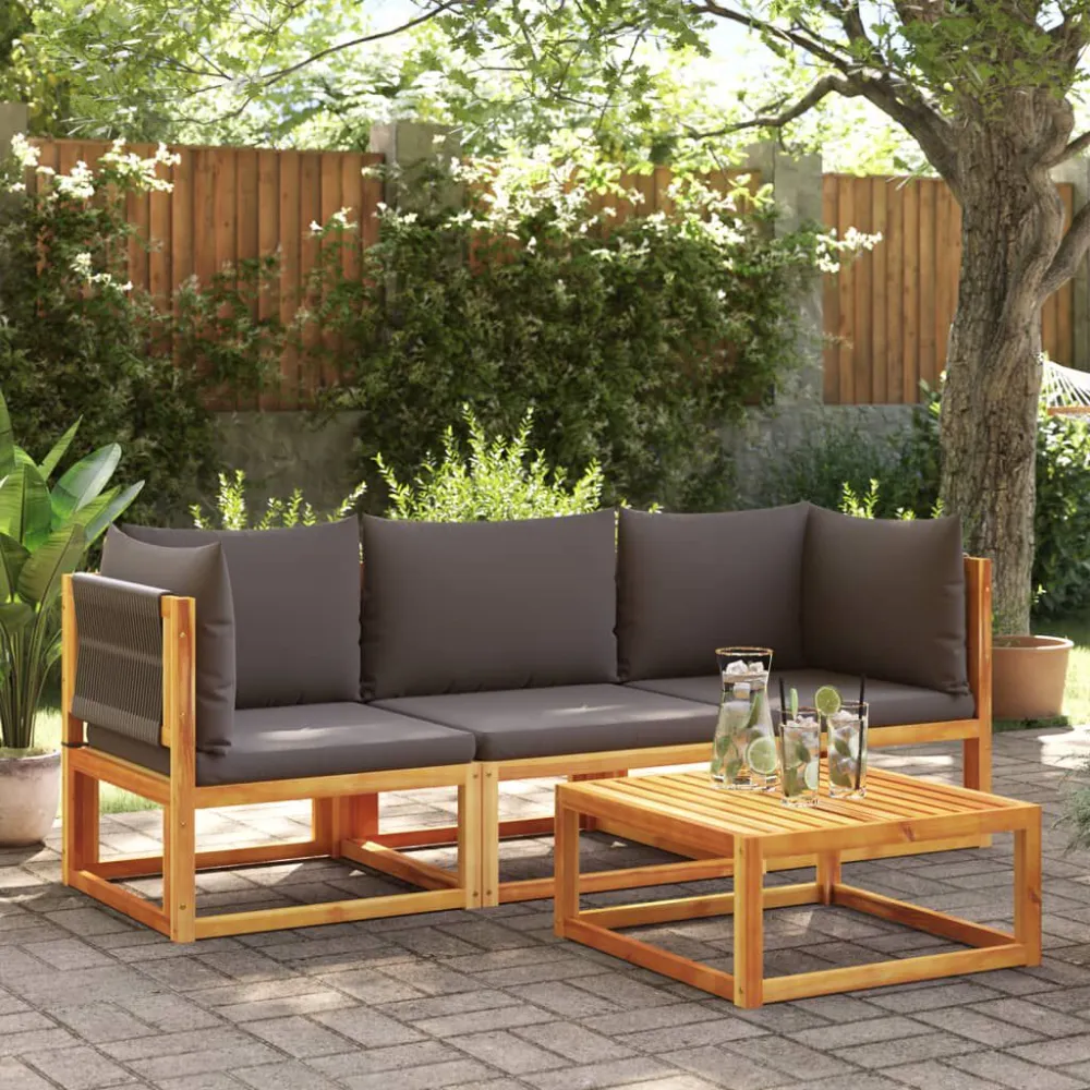 3 pcs conjunto de sofás de jardim com almofadões acácia maciç com Revestimento em Textilene