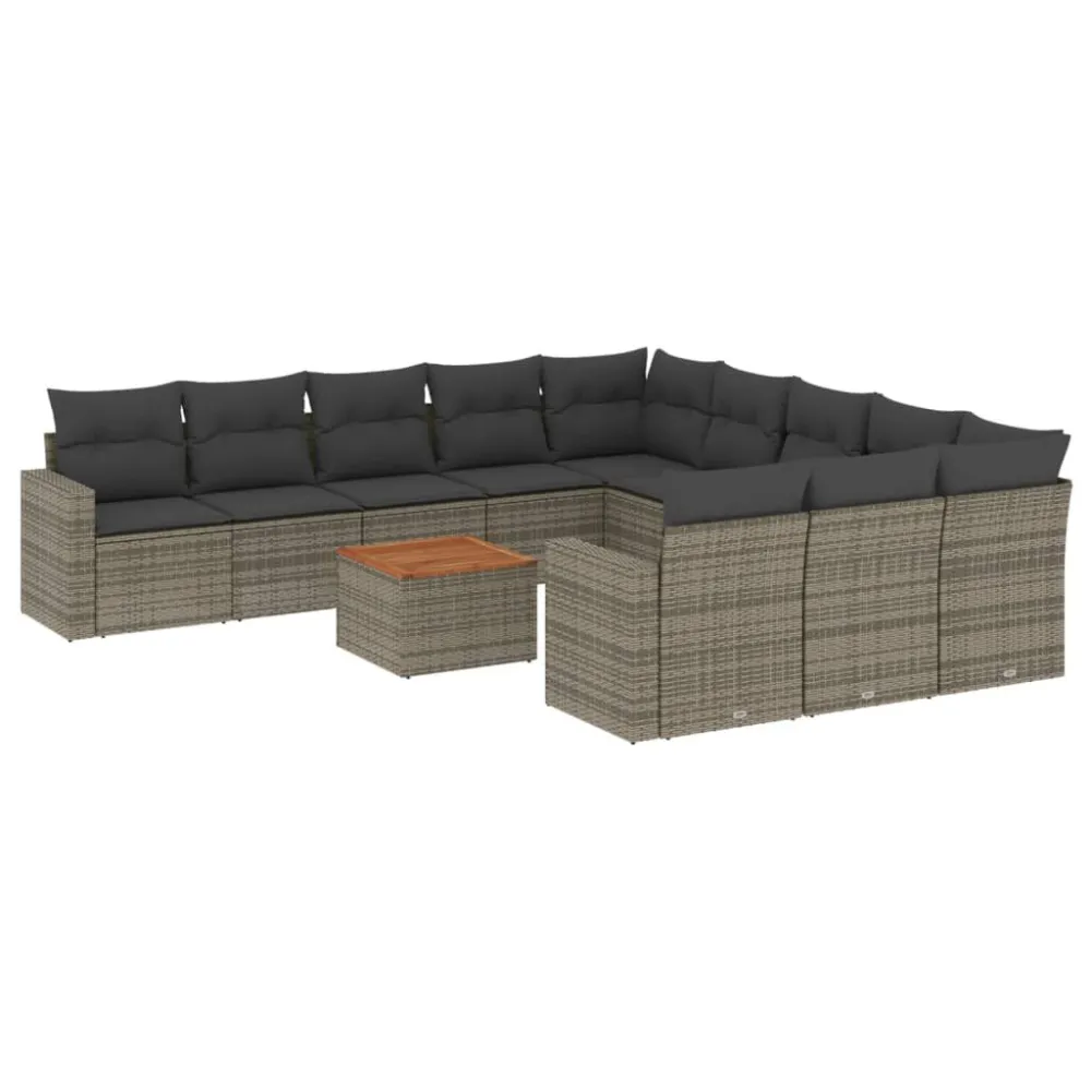 12 pcs conjunto de sofás jardim com almofadões vime PE cinzento em Tecido Sunbrella