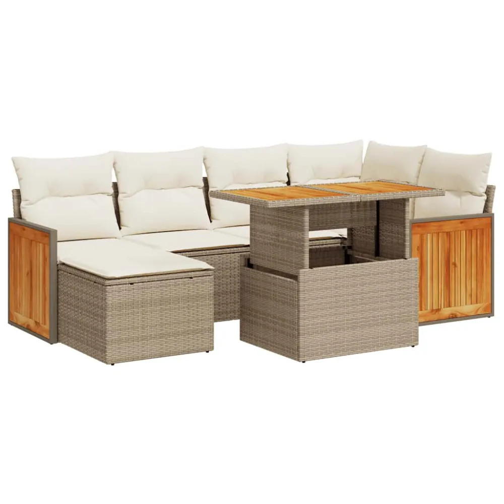 7 pcs conjunto sofás jardim com almofadões vime PE/acácia bege com Almofada Inclusa