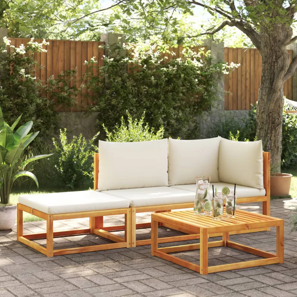 3 pcs conjunto de sofás de jardim com almofadões acácia maciç com Encosto Ajustável