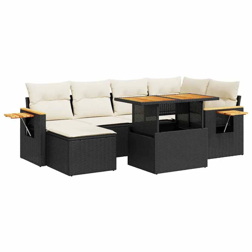 7 pcs conjunto sofás jardim com almofadões vime PE/acácia preto com Almofada Inclusa