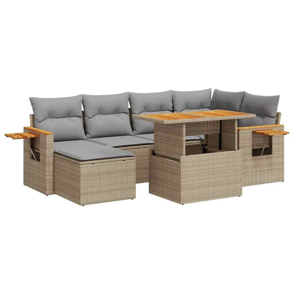 7 pcs conjunto sofás jardim com almofadões vime PE/acácia bege | Resistente à Chuva | Confortável