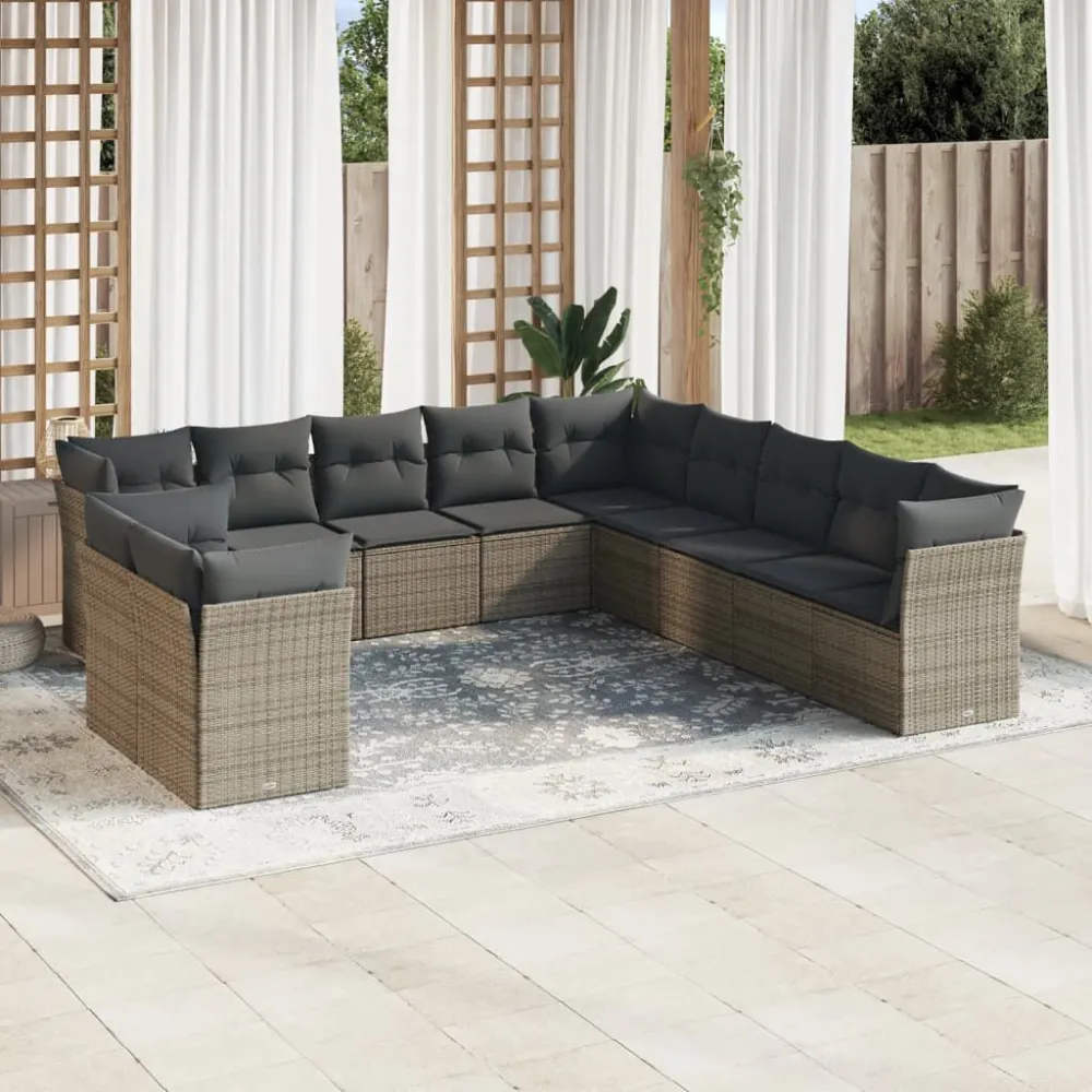 11 pcs conjunto sofás de jardim com almofadões vime PE cinzento para Piscina e Jardim