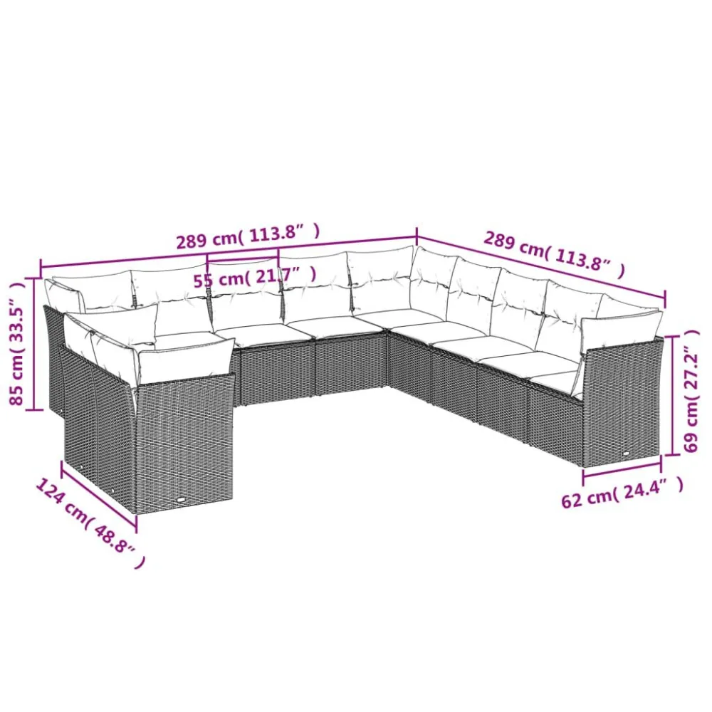 11 pcs conjunto sofás de jardim com almofadões vime PE cinzento para Piscina e Jardim