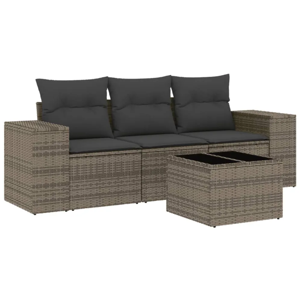 4 pcs conjunto sofás de jardim com almofadões vime PE cinzento com Revestimento em Textilene