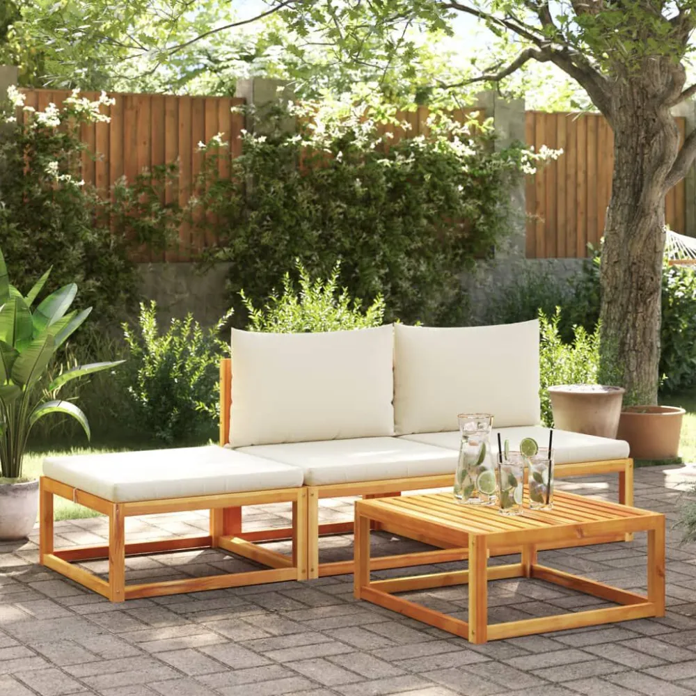 4 pcs conjunto de sofás de jardim com almofadões acácia maciç | Montagem Fácil e Rápida