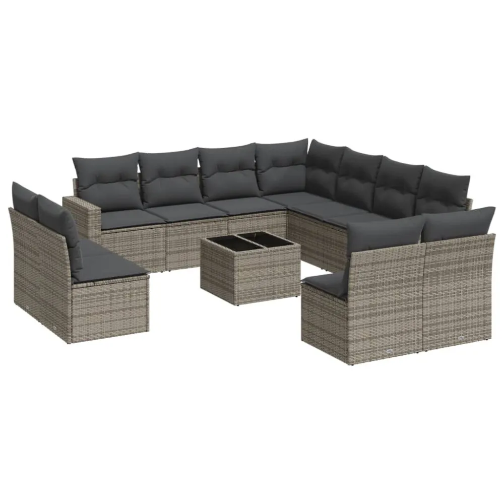 12 pcs conjunto de sofás jardim com almofadões vime PE cinzento com Almofada Inclusa
