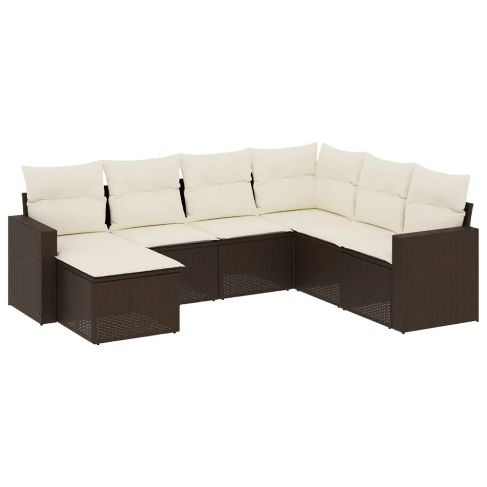 7 pcs conjunto de sofás jardim com almofadões vime PE castanho em Tecido Sunbrella