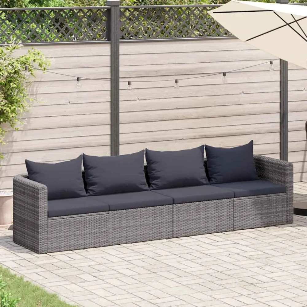 4 pcs conjunto sofás de jardim com almofadões vime PE cinzento | Montagem Fácil e Rápida
