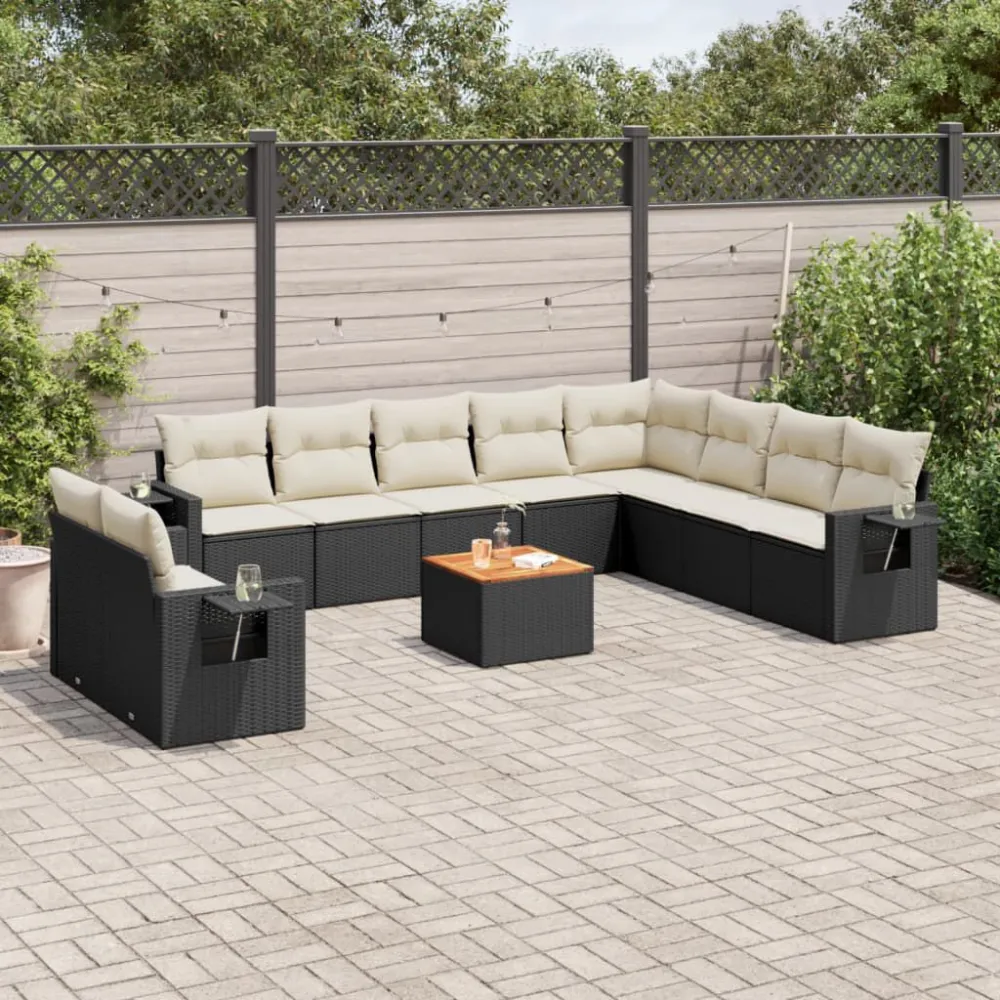 11 pcs conjunto sofás de jardim com almofadões vime PE preto em Tecido Sunbrella