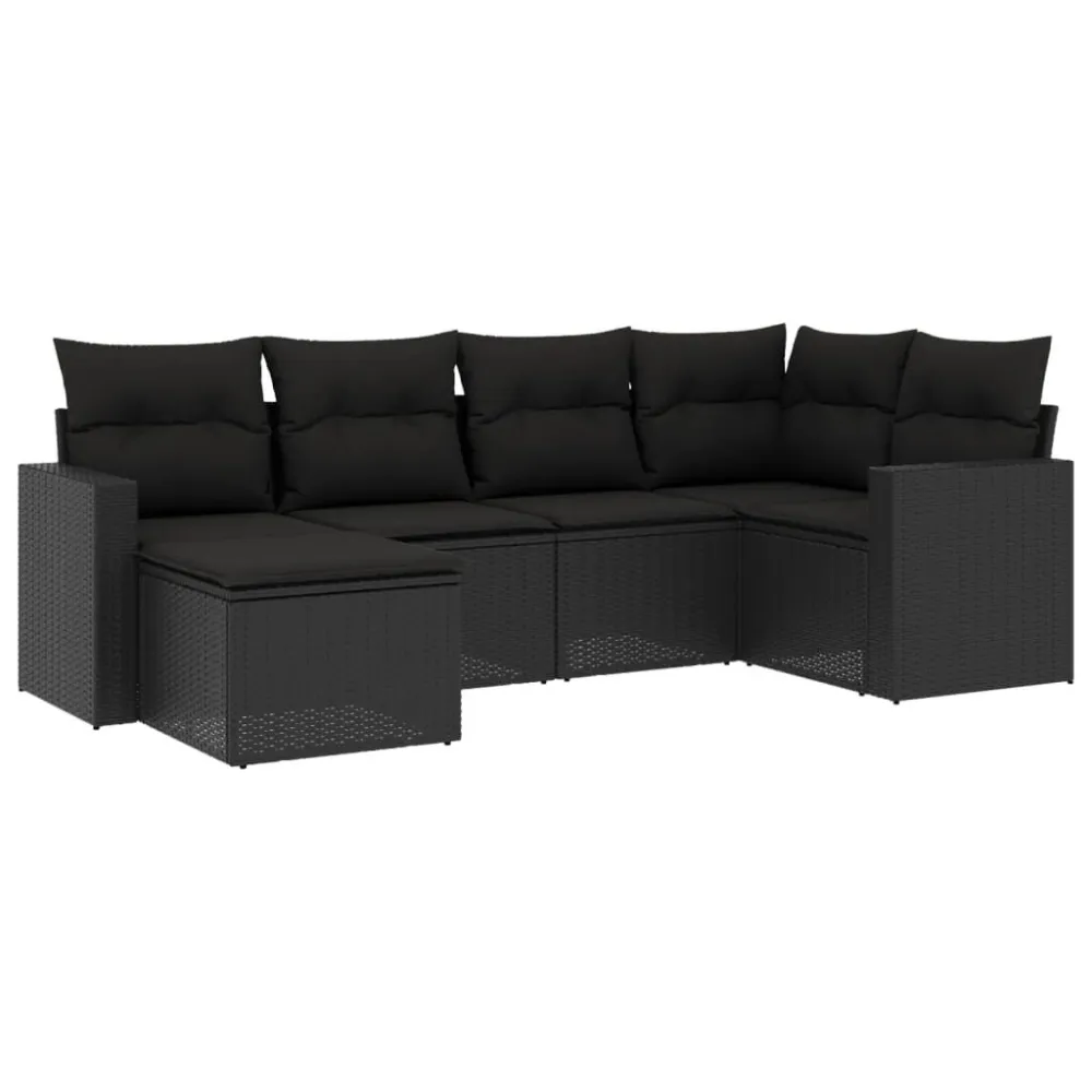 6 pcs conjunto sofás de jardim com almofadões vime PE preto | Resistente à Chuva | Confortável