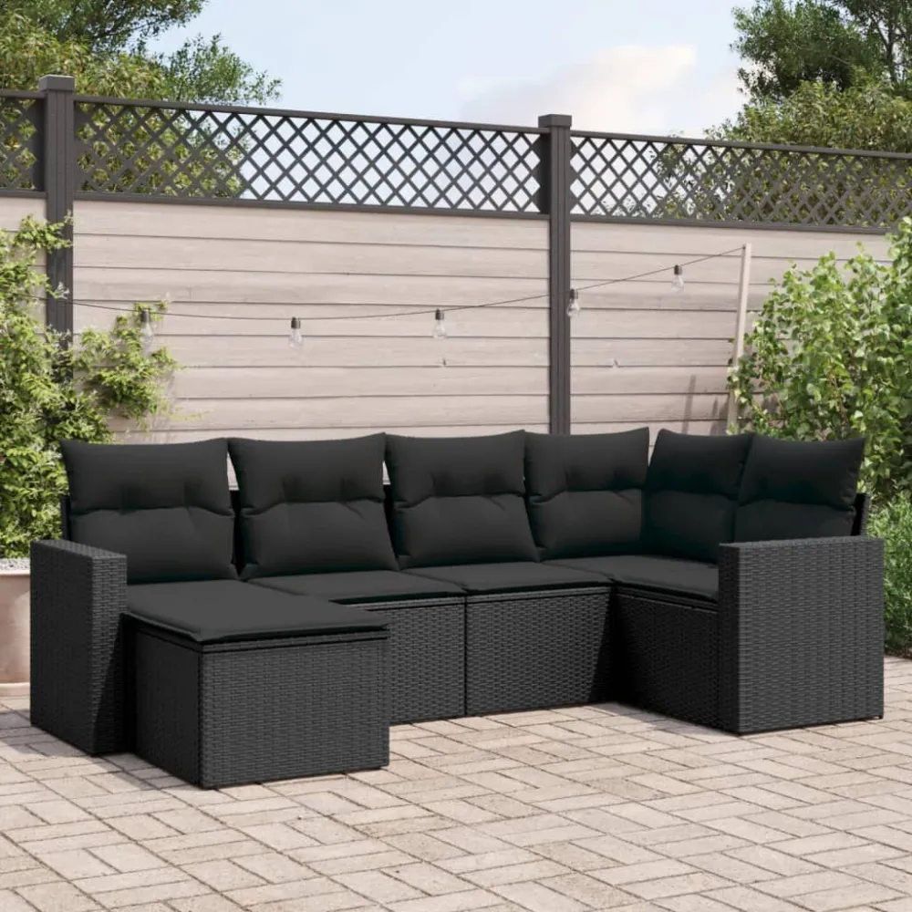 6 pcs conjunto sofás de jardim com almofadões vime PE preto | Resistente à Chuva | Confortável