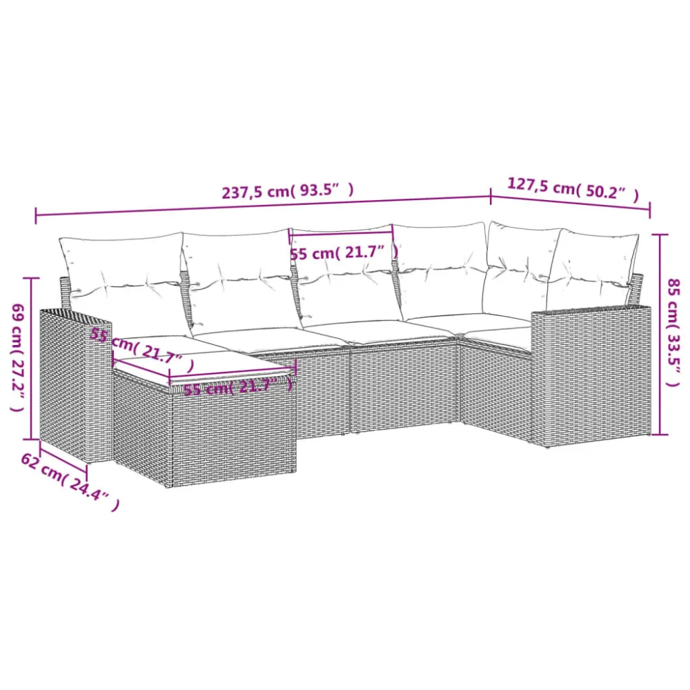 6 pcs conjunto sofás de jardim com almofadões vime PE preto | Resistente à Chuva | Confortável