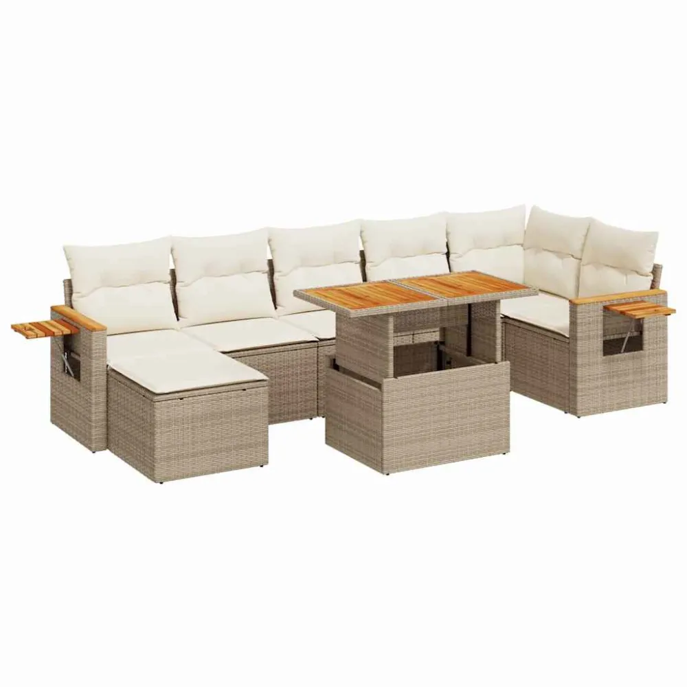 8 pcs conjunto sofás jardim com almofadões vime PE/acácia bege em Ferro Forjado