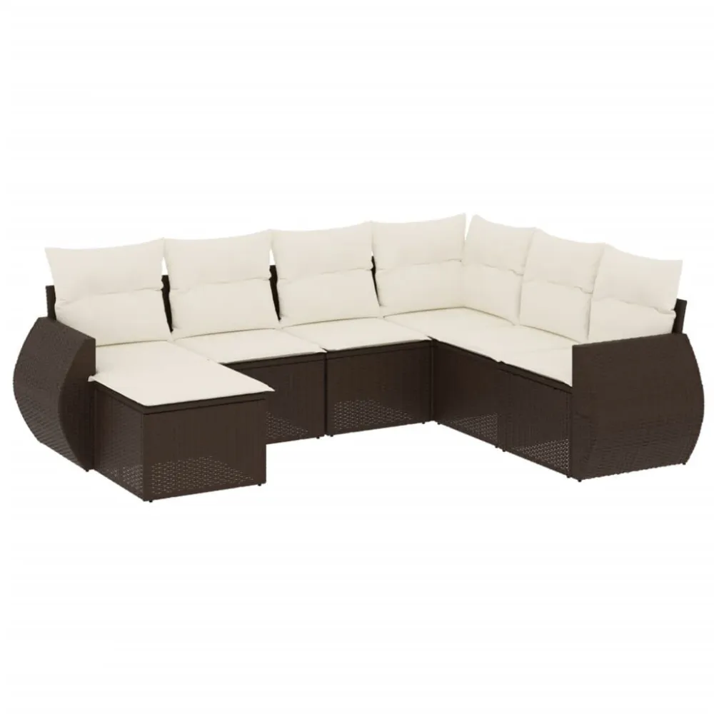 7 pcs conjunto de sofás jardim com almofadões vime PE castanho | Montagem Fácil e Rápida