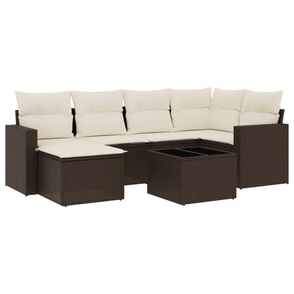 7 pcs conjunto de sofás jardim com almofadões vime PE castanho | Montagem Fácil e Rápida