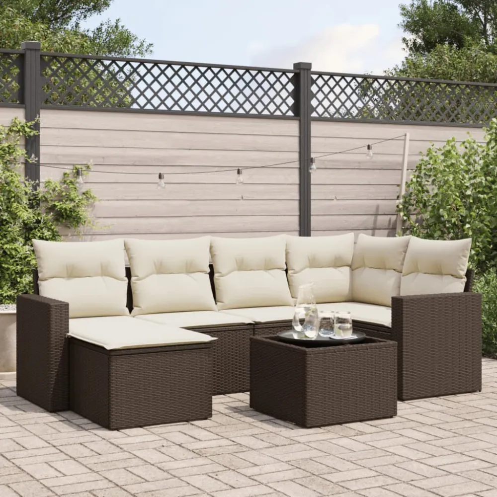 7 pcs conjunto de sofás jardim com almofadões vime PE castanho | Montagem Fácil e Rápida