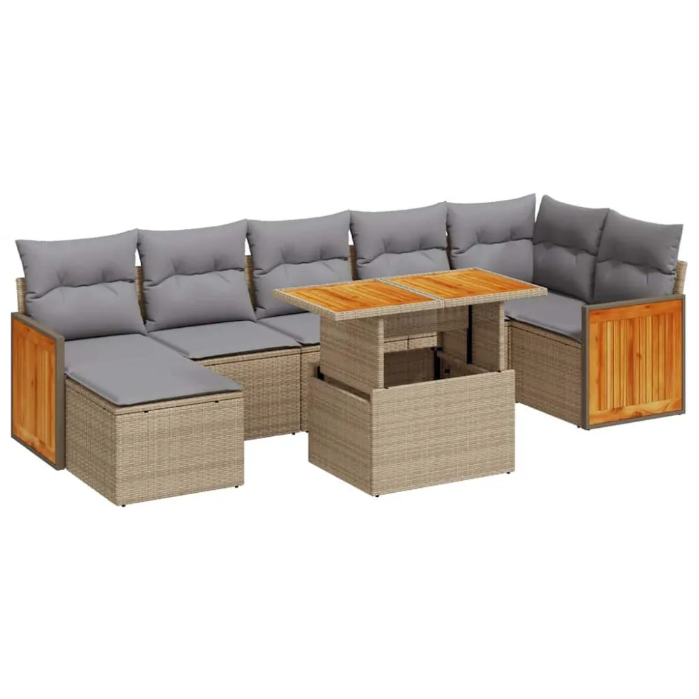 8 pcs conjunto sofás jardim com almofadões vime PE/acácia bege | Montagem Fácil e Rápida