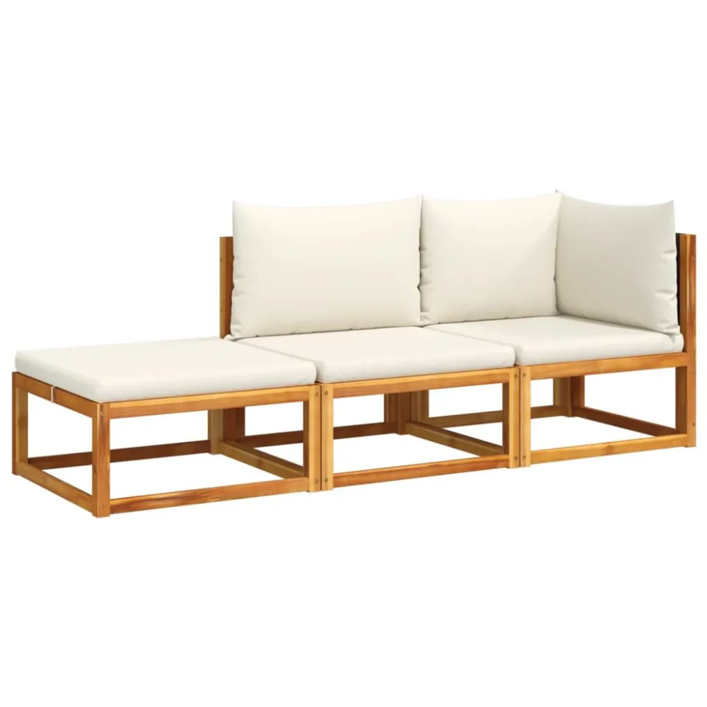 3 pcs conjunto de sofás de jardim com almofadões acácia maciç | Montagem Fácil e Rápida