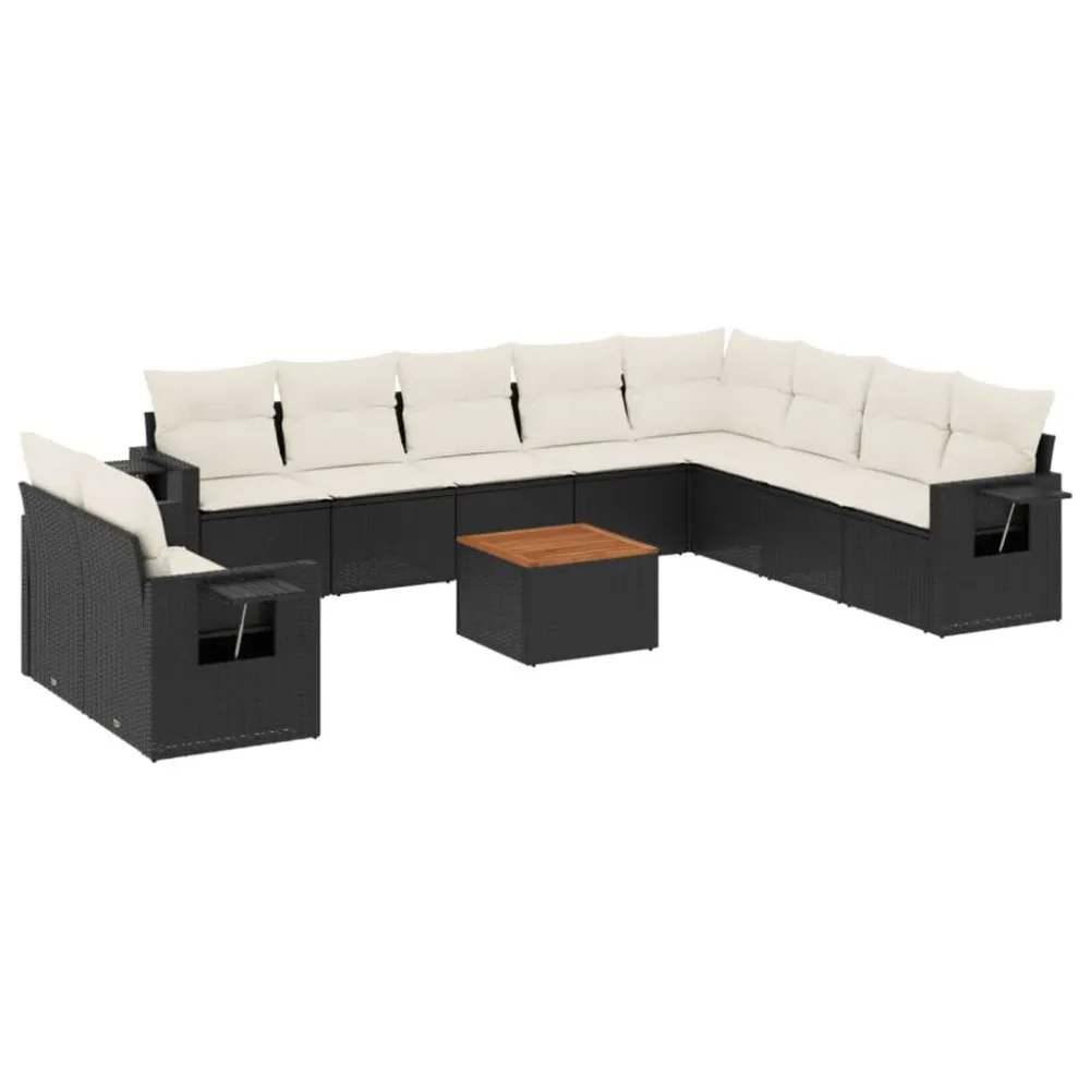 11 pcs conjunto sofás de jardim com almofadões vime PE preto em Tecido Sunbrella