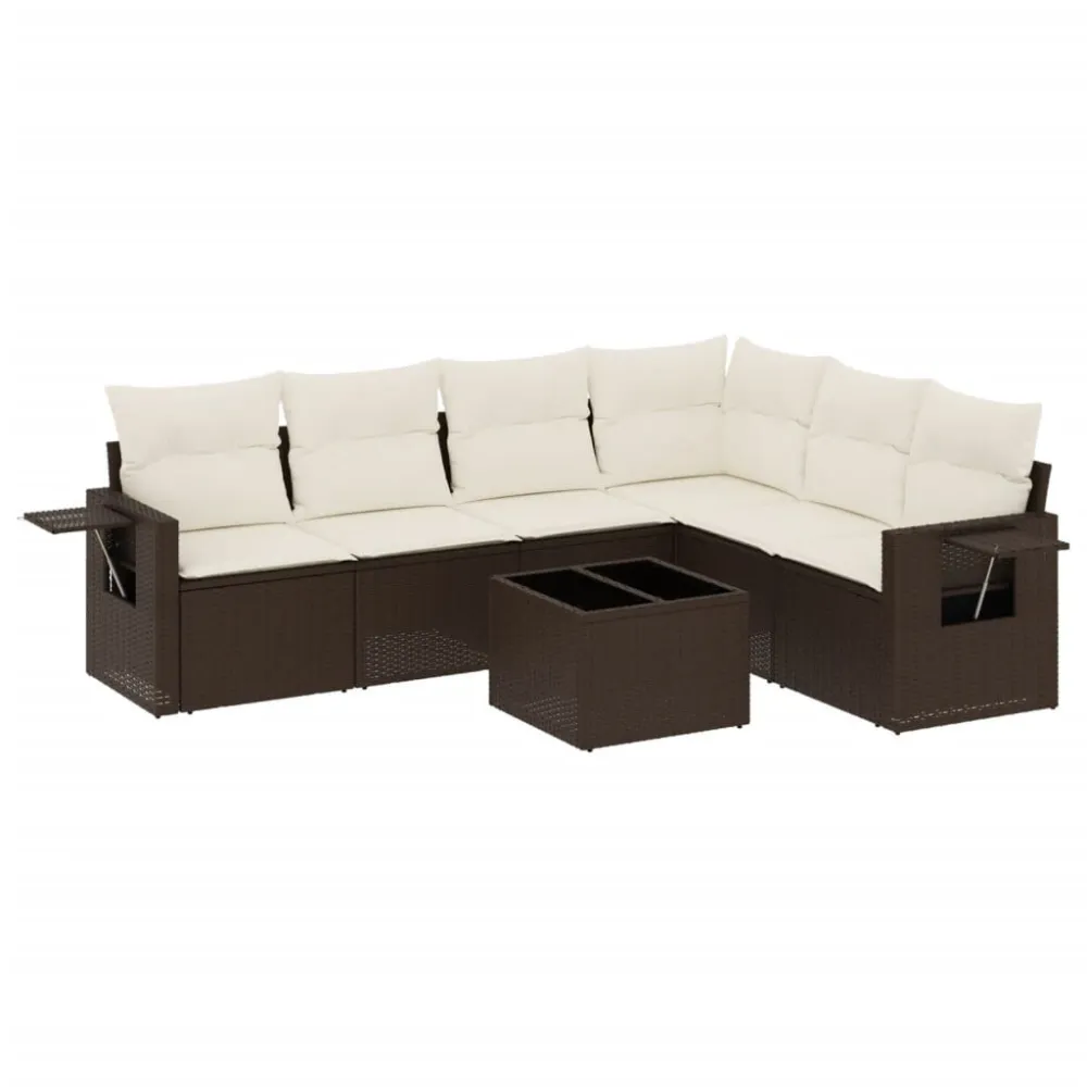 7 pcs conjunto de sofás jardim com almofadões vime PE castanho com Almofada Inclusa