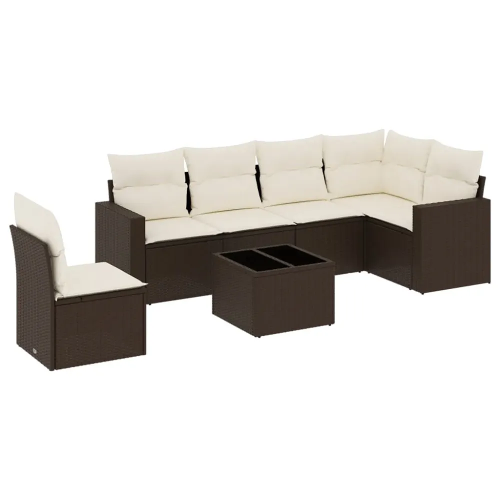 7 pcs conjunto de sofás jardim com almofadões vime PE castanho | Resistente à Chuva | Confortável