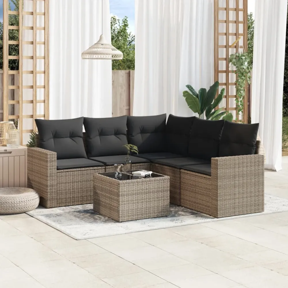 6 pcs conjunto sofás de jardim com almofadões vime cinzento | Resistente à Chuva | Confortável