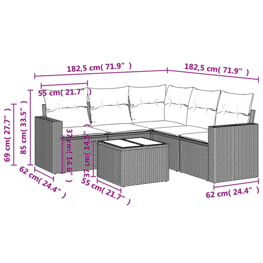 6 pcs conjunto sofás de jardim com almofadões vime cinzento | Resistente à Chuva | Confortável