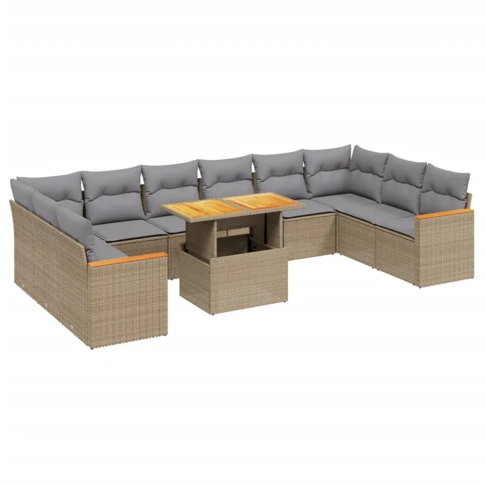 11 pcs conjunto sofás de jardim com almofadões vime PE bege com Encosto Ajustável