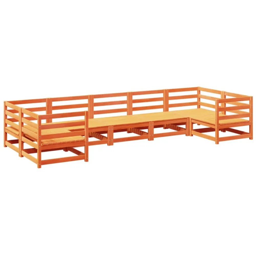 7 pcs conjunto sofás de jardim madeira de pinho castanho cera em Tecido Sunbrella