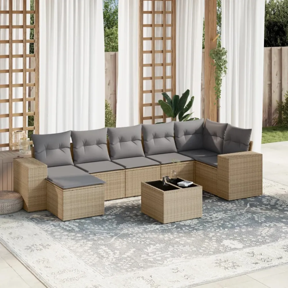 8 pcs conjunto de sofás para jardim com almofadões vime PE bege para Relaxamento ao Ar Livre