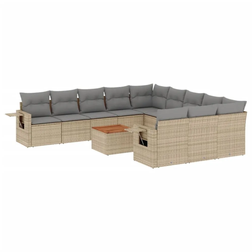 12 pcs conjunto de sofás para jardim com almofadões vime PE bege com Apoio para Bebidas